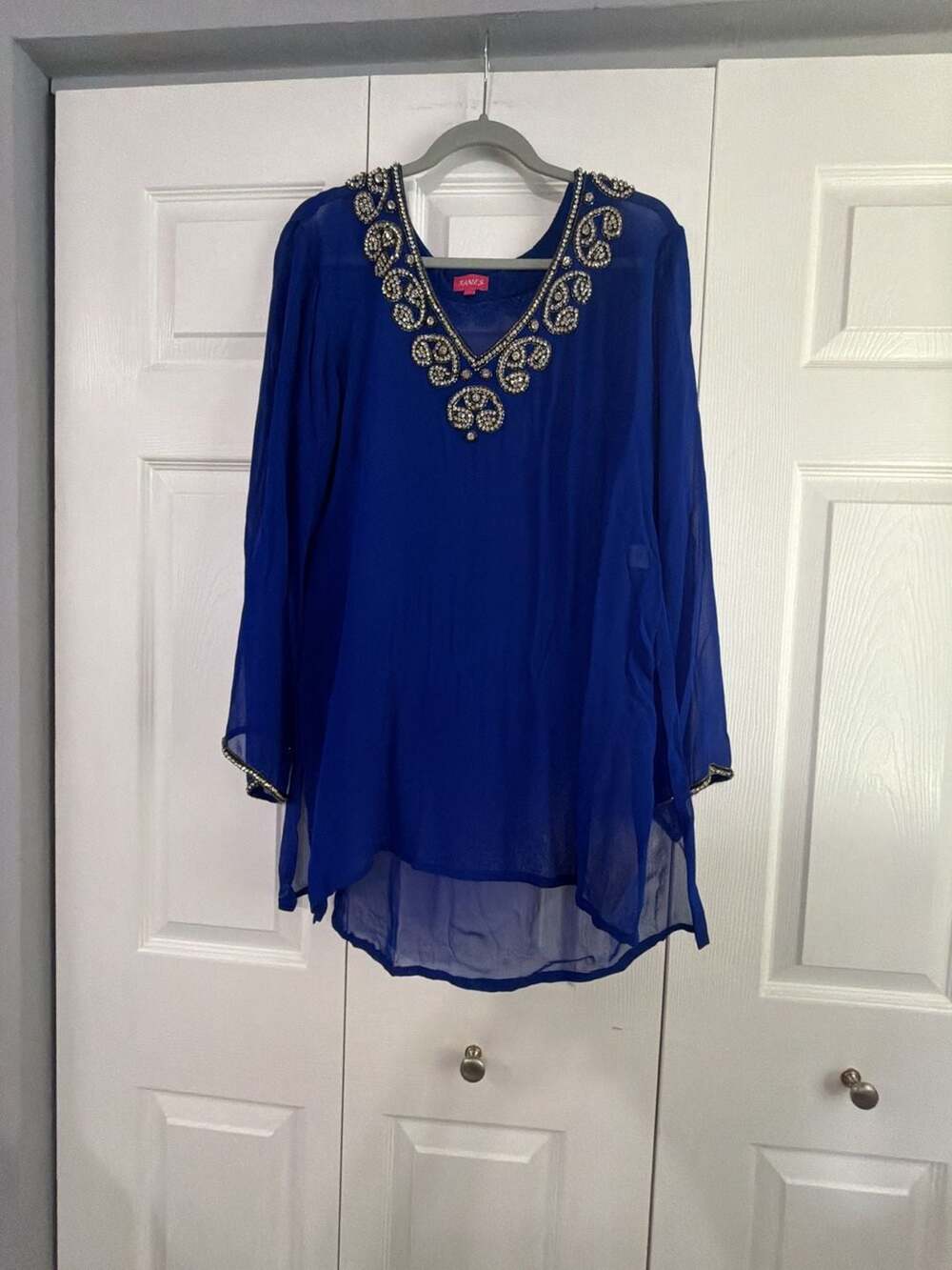 Ranee's Royal Blue Sheer Tunic Top with Embellished Beaded Neckline